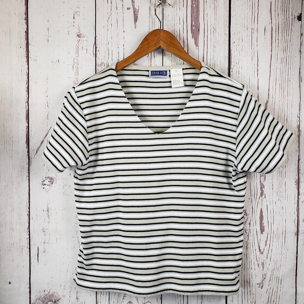Erika & Co. Vintage Top Womens Size Large Striped Short Sleeve Cotton Black